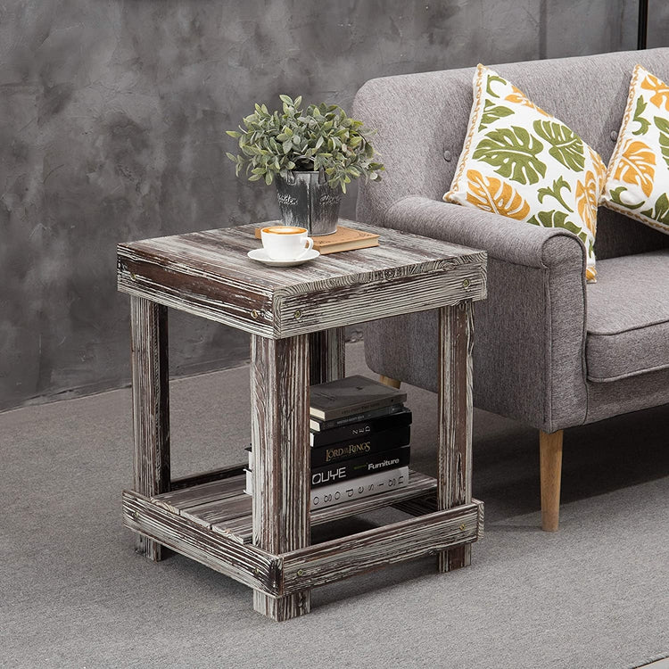 Rustic Torched Wood 2-Tier Accent End Table-MyGift