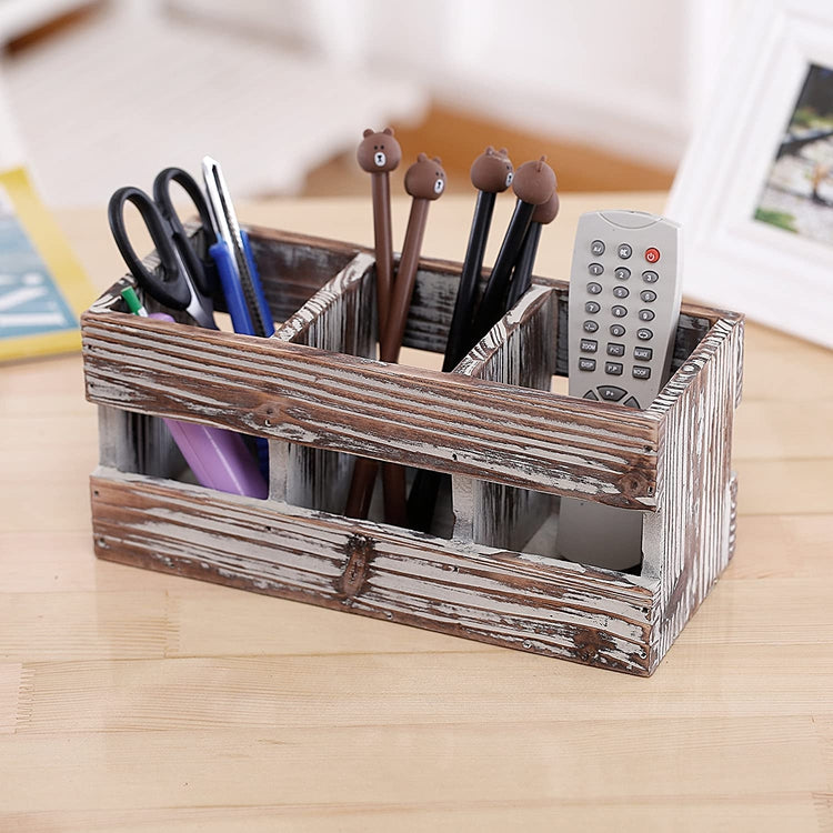 Torched Wood Desktop Office Supplies with 3-Compartments, Caddy Desk Organizer Storage Holder-MyGift