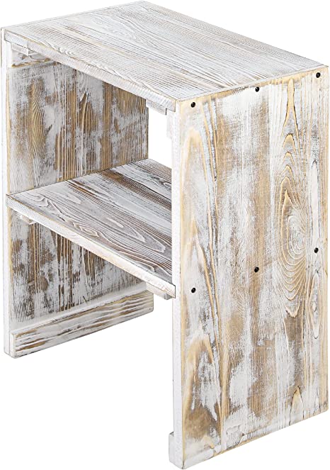 End Table with Storage Shelf, Farmhouse Whitewashed Wood Home Decor Side Table-MyGift