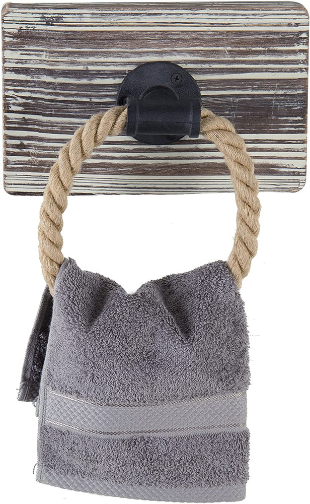 Set of 2 Urban Rustic Wall-Mounted Torched Wood & Rope Towel Rings, Industrial Towel Ring-MyGift
