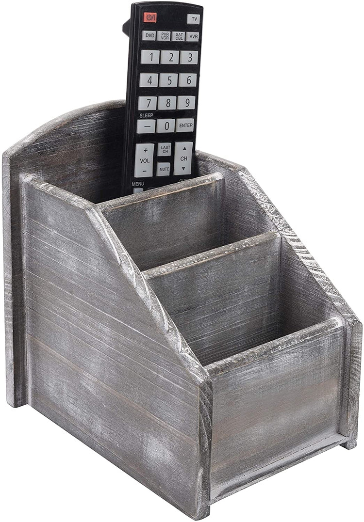 3 Slot Gray Remote Control Caddy with Whitewashed Wood Finish, Media Storage Holder Rack-MyGift