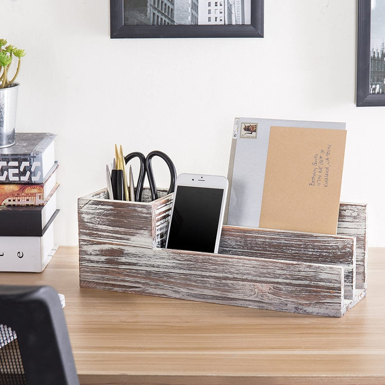 Rustic Torched Wood Desktop Office Supplies Caddy & 2 Slot Mail Organizer-MyGift