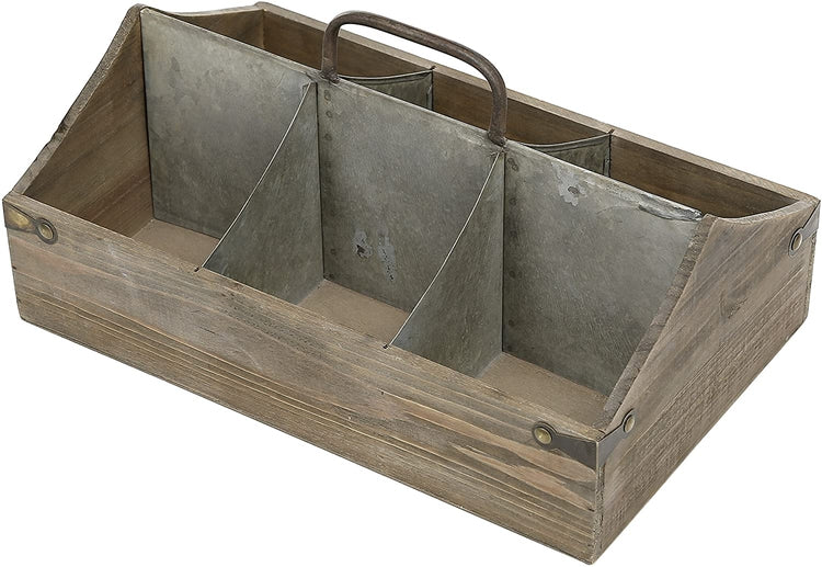 Vintage Wood Organizer Caddy, Decorative Storage Crate with Galvanized Metal Dividers & Handle-MyGift