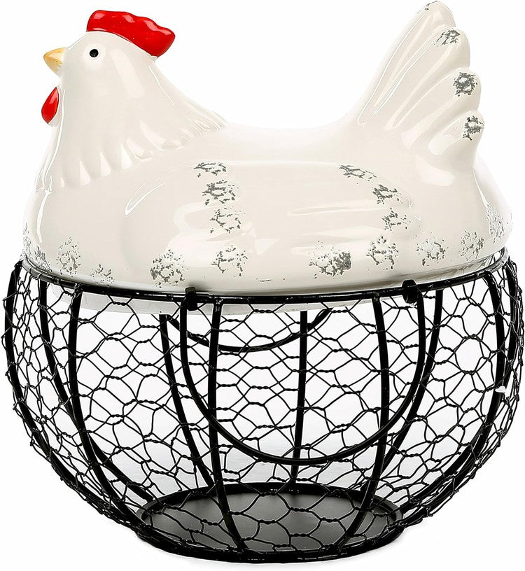 Black Metal Egg Storage Basket with White Ceramic Chicken Top Lid and Handles, Fresh Egg Container Holder - Holds up to 30 Eggs-MyGift