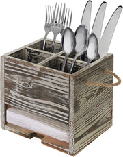 4 Compartment Rustic Torched Wood Kitchen Dining Utensil Organizer Caddy with Napkin Cutlery Holder-MyGift