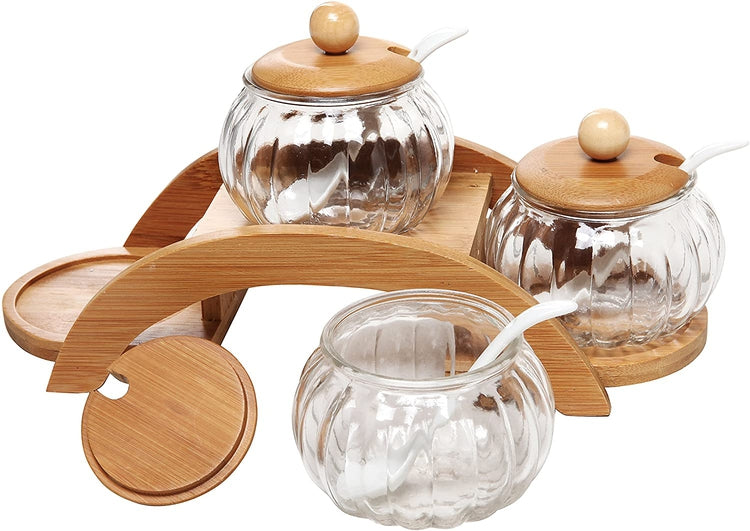 Set of 3, 16 oz Round Glass Jars with Ceramic Serving Spoons & Tiered Wood Display Rack-MyGift
