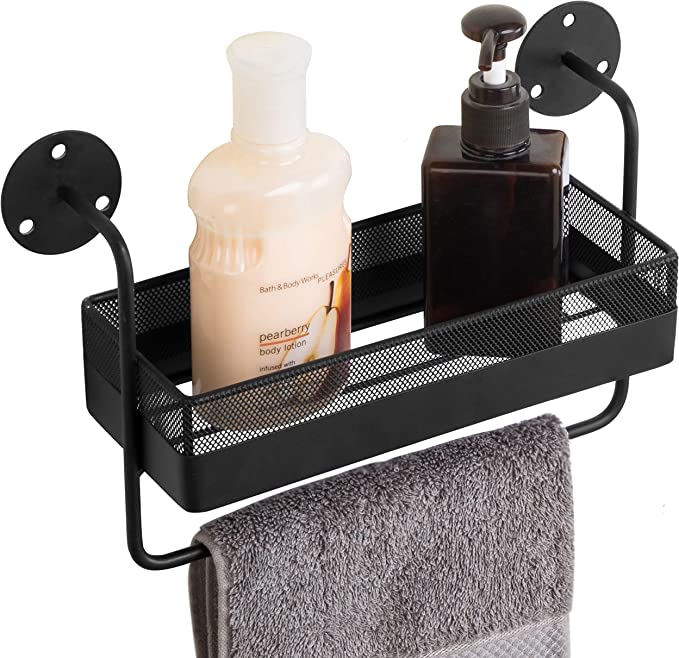 Metal Bathroom Shelf with Hand Towel Bar, Wall Mounted Shower Caddy Basket Shelf-MyGift