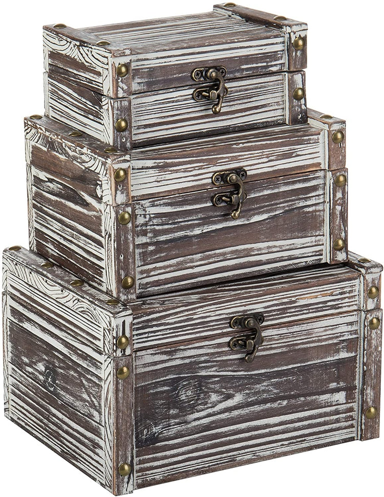 Set of 3, Rustic Torched Wood Nesting Storage Chests, Latching Boxes-MyGift