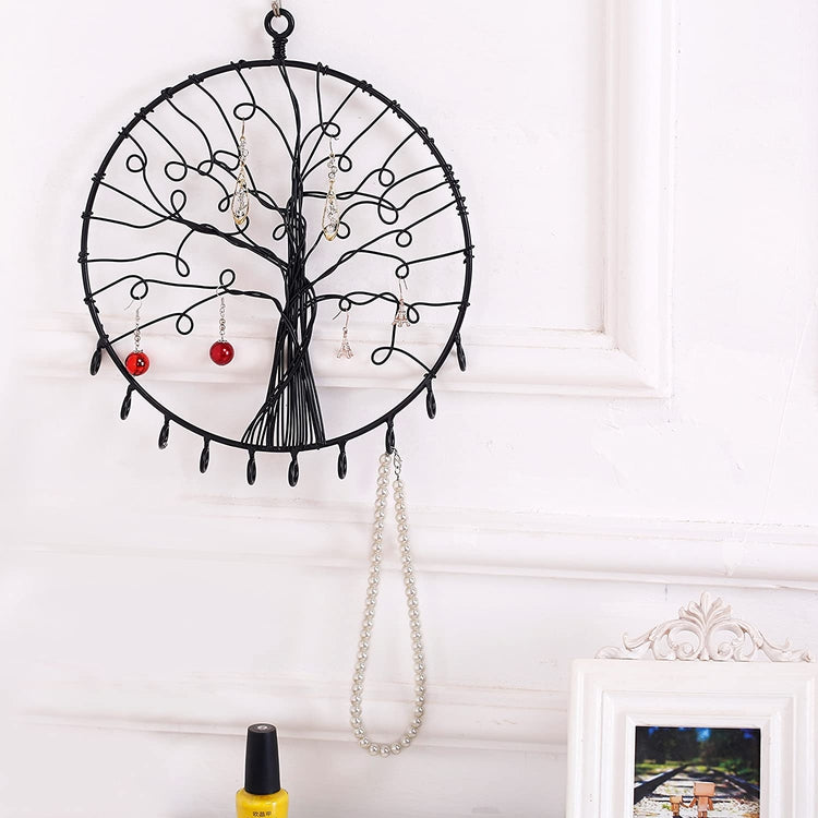 Black, Wall Hanging Round Metal Tree Silhouette Jewelry Holder-MyGift