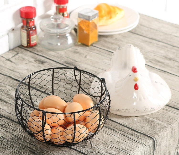 Black Metal Egg Storage Basket with White Ceramic Chicken Top Lid