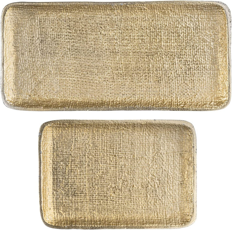 Brass Tone Metal Decorative Serving or Vanity Trays with Handcrafted Embossed Textured Linen Design-MyGift