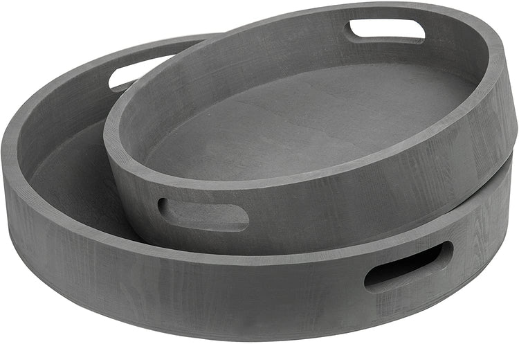 Set of 2, Round Nesting Charcoal Gray Wood Serving Trays-MyGift