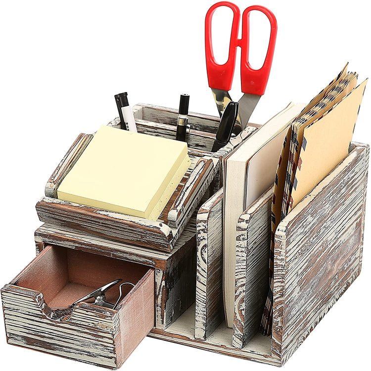 Torched Wood Desktop Office Organizer with Sticky Note Pad Holder, Mail Sorter and Pullout Drawer-MyGift