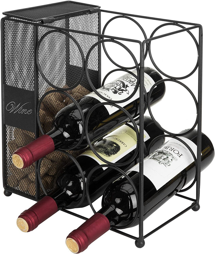 6-Bottle Black Wire Wine Rack with Mesh Cork Basket, Wine Bottle and C ...