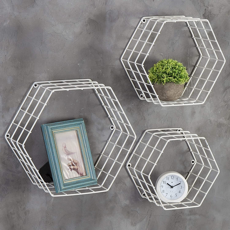Set of 3 White Metal Wire Hexagon Design Wall-Mounted Shelves, Geometric Display Shelves-MyGift