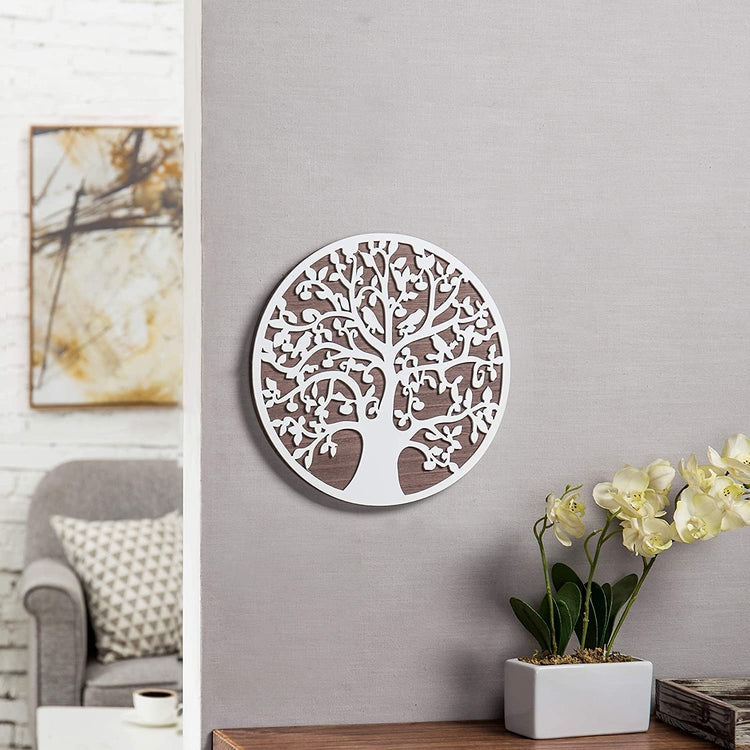 Wall Mounted 12-Inch Round Silhouette Tree of Life Wooden Art Plaque-MyGift