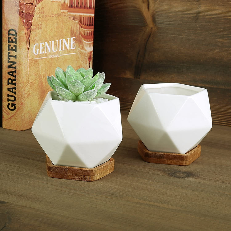 Set of 2, Modern Geometric White Ceramic Mini Succulent Planter Pots with Removable Bamboo Saucer-MyGift