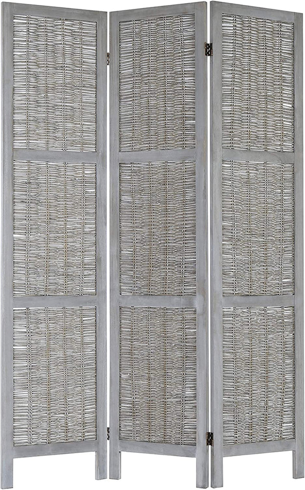 Woven 3-Panel Vintage Gray Wood Room Divider w/ Dual-Hinges-MyGift