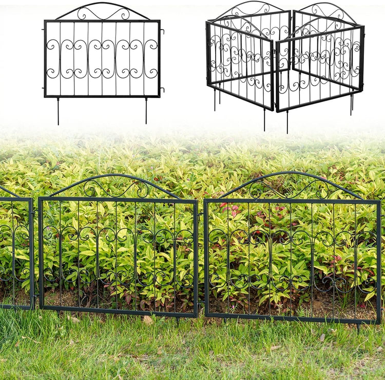 Set of 4, Scrollwork Matte Black Metal Wire Linking Trellis Fence, Support Stakes for Climbing Plants and Crawling Vines-MyGift