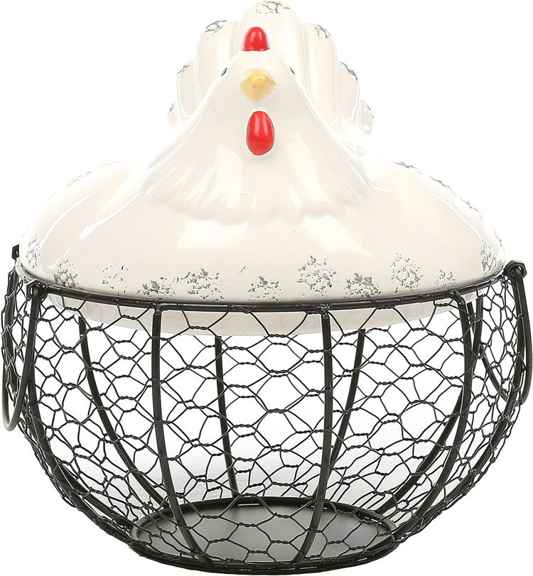 Black Metal Egg Storage Basket with White Ceramic Chicken Top Lid and Handles, Fresh Egg Container Holder - Holds up to 30 Eggs-MyGift