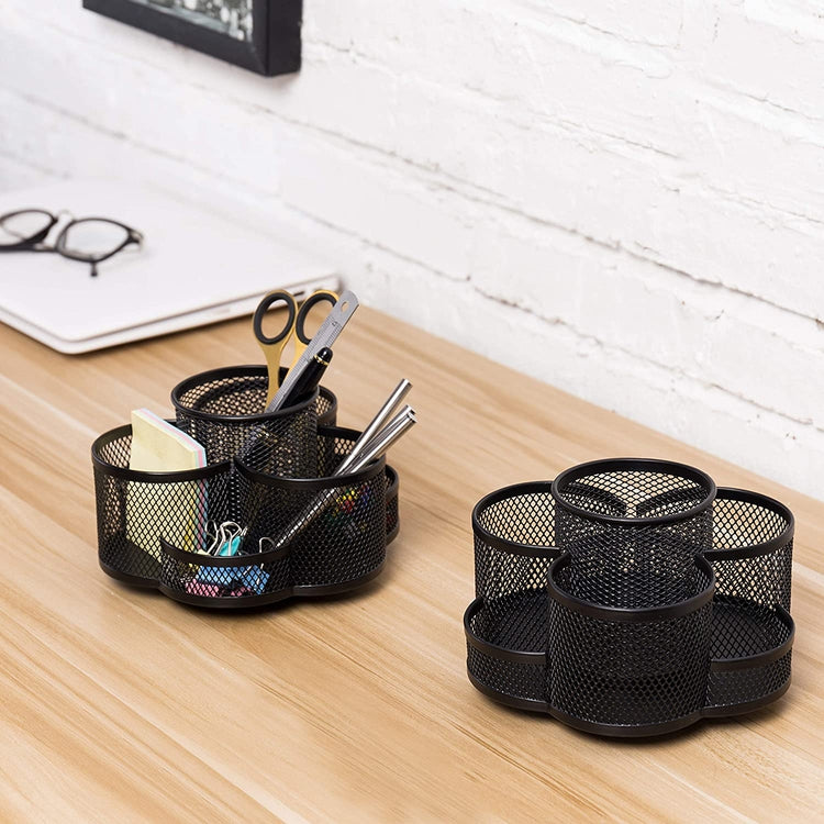 Set of 2 Rotating Black Metal Mesh Office Supplies Organizer, Desktop Stationary Storage Caddy-MyGift