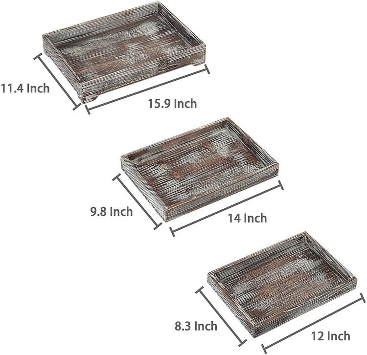 3 Piece Set Whitewash Brown Wood Nesting Serving Display Trays-MyGift
