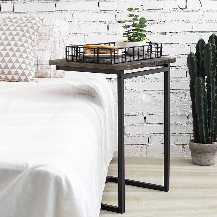 24-Inch Black Metal & Vintage Gray Wood Sliding End Table-MyGift