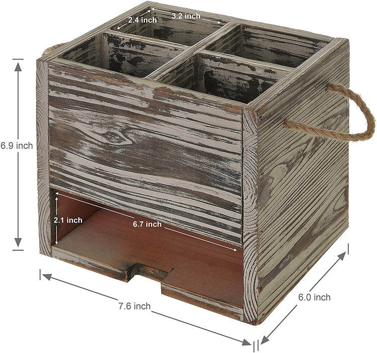 4 Compartment Rustic Torched Wood Kitchen Dining Utensil Organizer Caddy with Napkin Cutlery Holder-MyGift