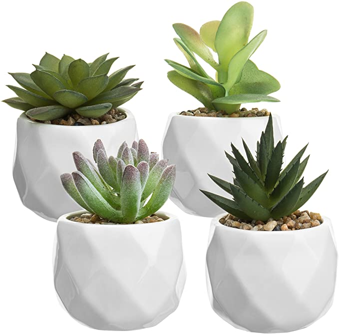 Set of 4, Mini Faux Assorted Succulent Plants in Geometric White Ceramic Planters-MyGift