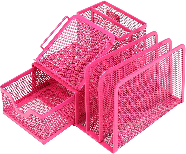 Magenta Metal Mesh Office Supply Storage Rack w/ Sticky Note Memo Pad Holder-MyGift