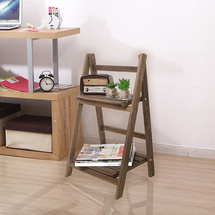 Rustic Brown Wood 2-Tier Freestanding Foldable Shelf Rack, Decorative Planter Pot Display Stand-MyGift
