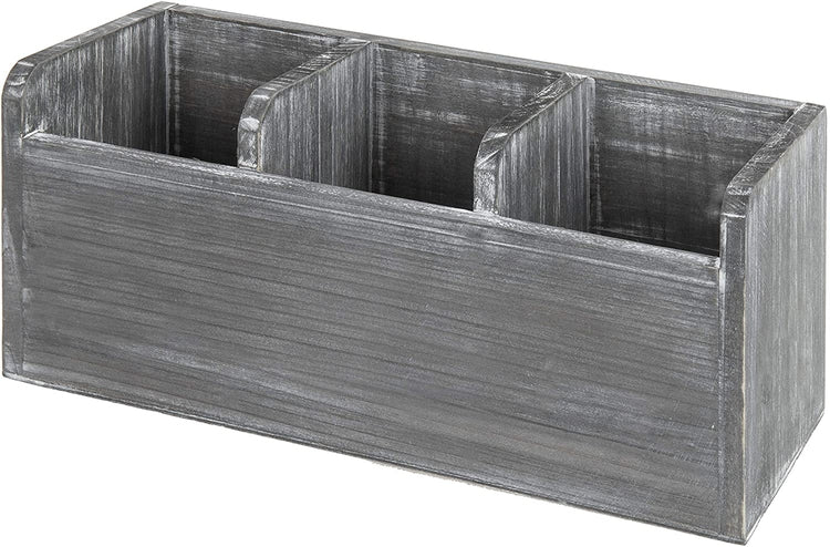 3-Compartment Grey Wood Utensil Holder, 3-Slot Flatware Storage Caddy