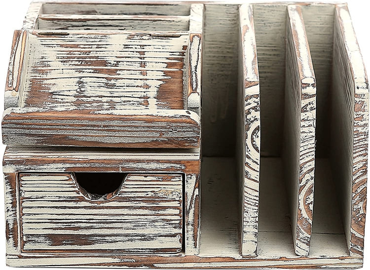 Torched Wood Desktop Office Organizer with Sticky Note Pad Holder, Mail Sorter and Pullout Drawer-MyGift