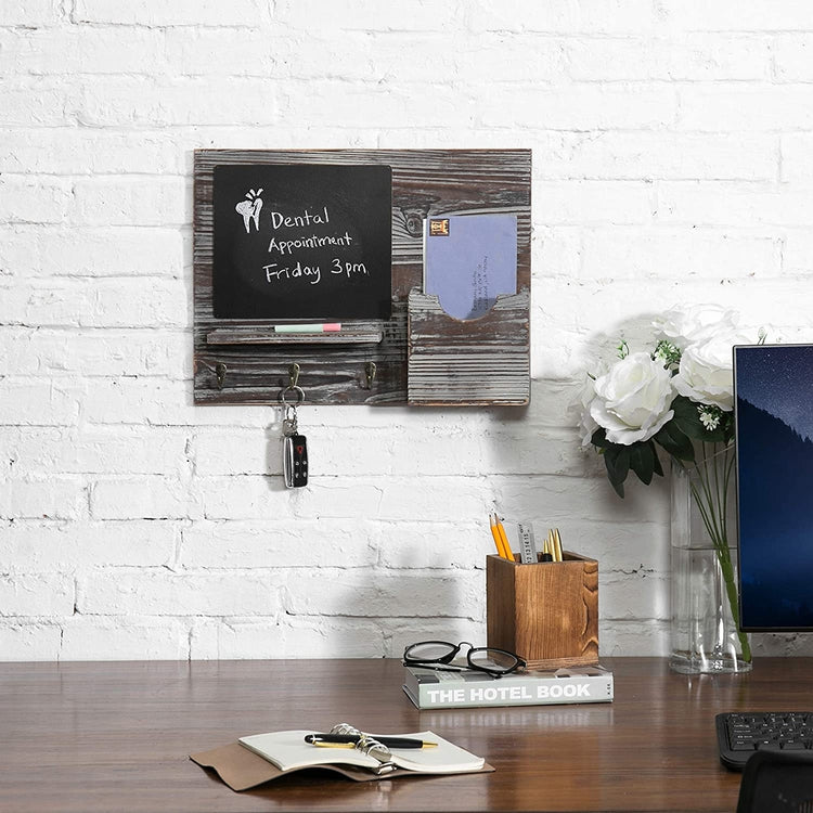 Rustic Torched Wood Wall Mounted Massage Board Organizer with Key Hooks and Chalkboard, Entryway Organizer or Mail Sorter-MyGift