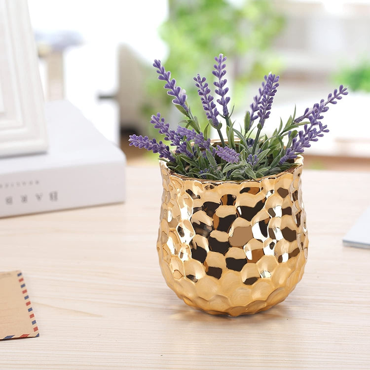 Gold-tone Metallic Ceramic 4-Inch Flower Plant Vase with Hammered Texture-MyGift