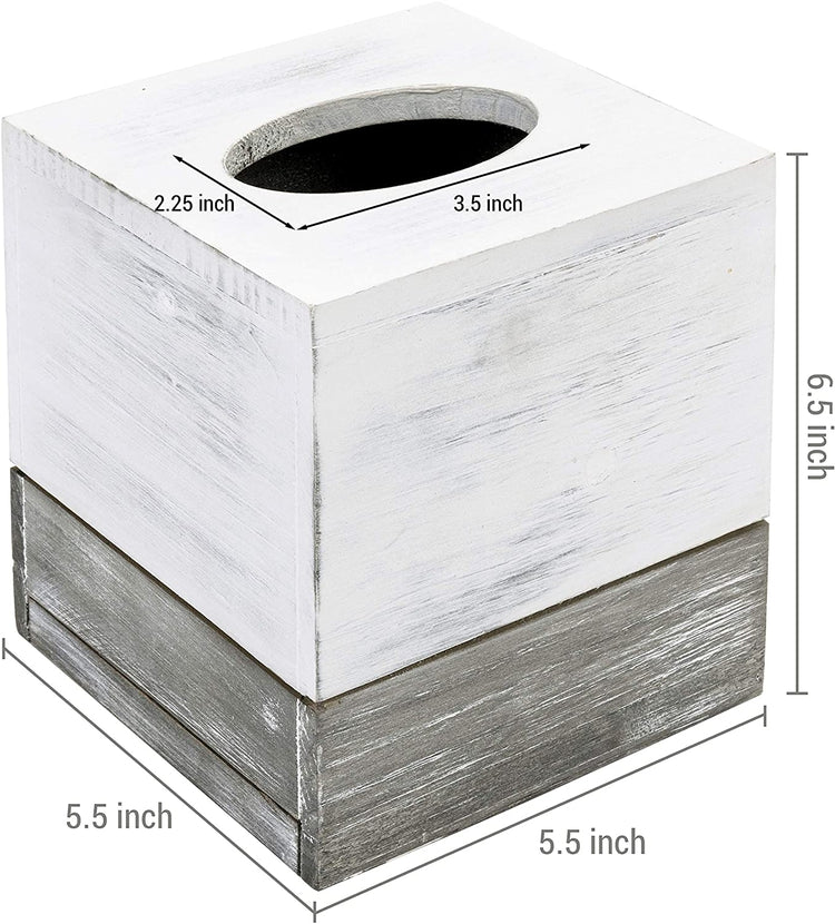 Vintage White & Distressed Gray Wooden Tissue Box Cover with Slide-Out Bottom Panel-MyGift