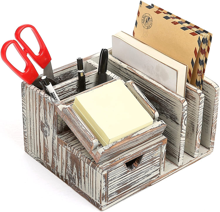 Torched Wood Desktop Office Organizer with Sticky Note Pad Holder, Mail Sorter and Pullout Drawer-MyGift