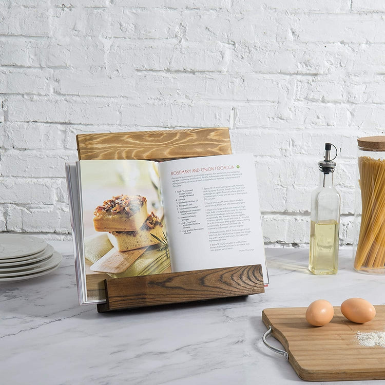 Rustic Brown Wood Two-Tone Cookbook Stand + Tablet Holder with Kickstand-MyGift