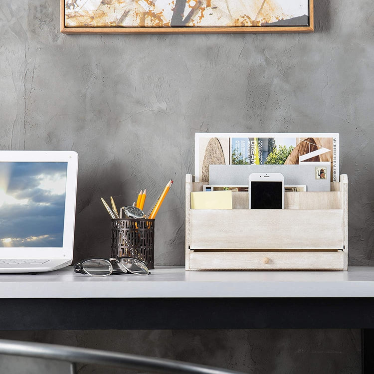 Whitewashed Wood Desktop Document & Supply Organizer with Pull Out Drawer-MyGift
