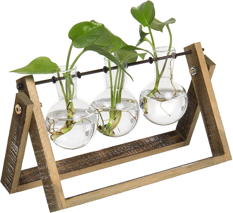 Set of 3 Glass Bulb Planter with Wood & Metal Swivel Standee Steampunk Terrarium-MyGift