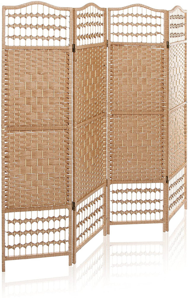 4 Panel Beige Wood Woven Design Decorative Partition Folding Screen, Privacy Room Divider-MyGift