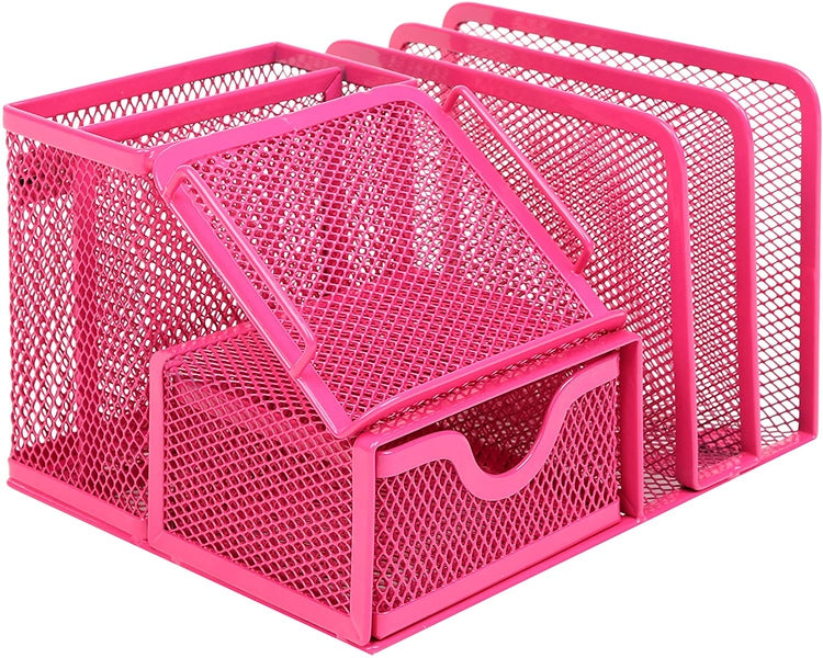 Magenta Metal Mesh Office Supply Storage Rack w/ Sticky Note Memo Pad Holder-MyGift