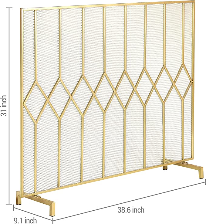 Gold Tone Metal Art Deco Single Panel Fireplace Screen, Freestanding Mesh Grate Fire Spark Guard Protector Cover, 39 x 31 Inch-MyGift