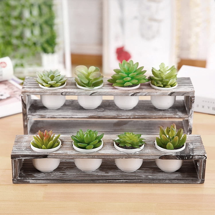Set of 2, Torched Wood Tiered Succulent Planter Stand with 8 Mini White Ceramic Plant Pots-MyGift