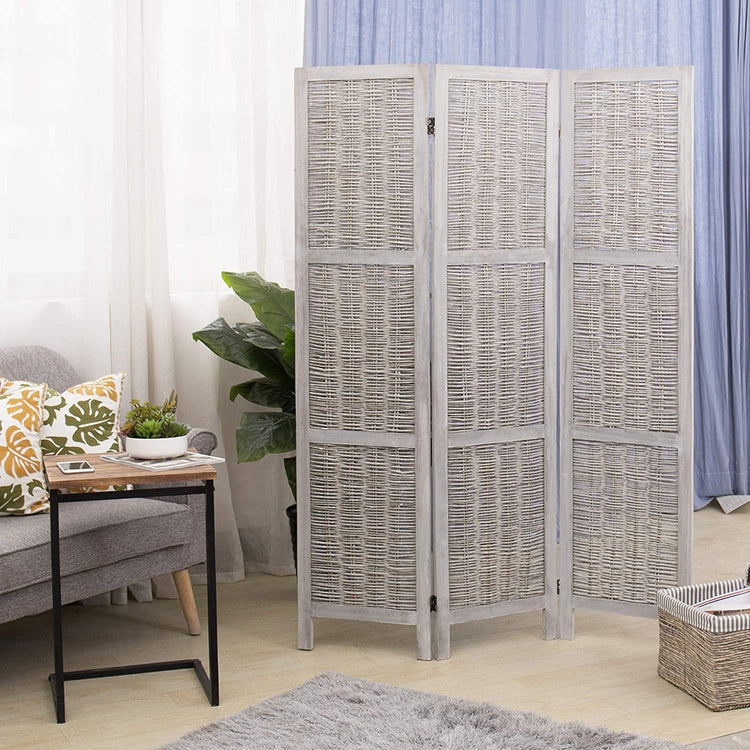 Woven 3-Panel Vintage Gray Wood Room Divider w/ Dual-Hinges-MyGift