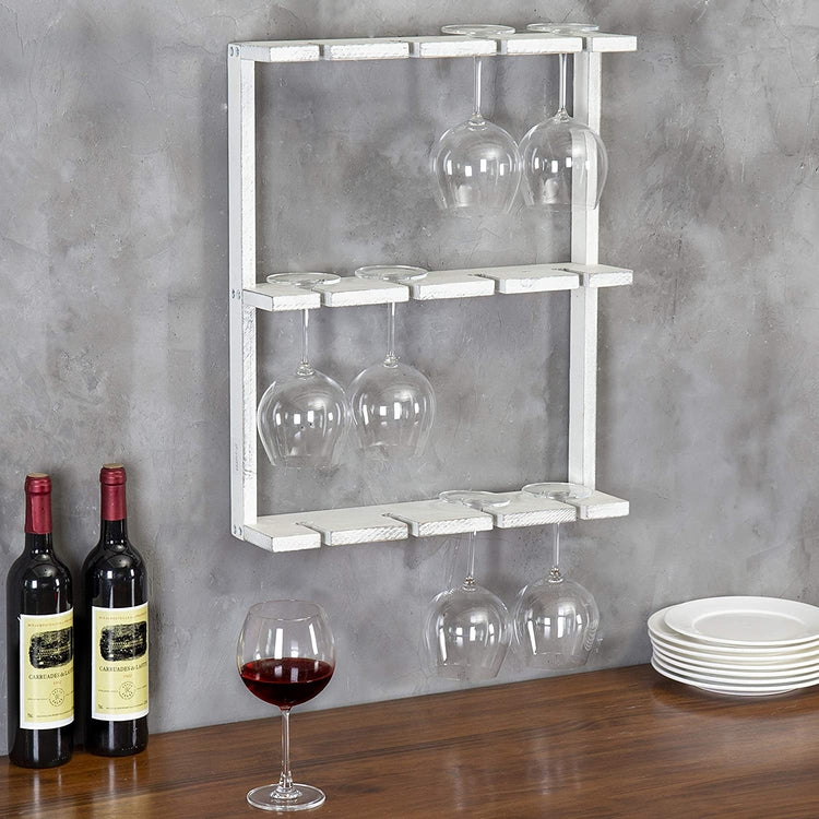 White Wood Wall-Mounted Wine Glass Holder, Inverted Stemware Display-MyGift