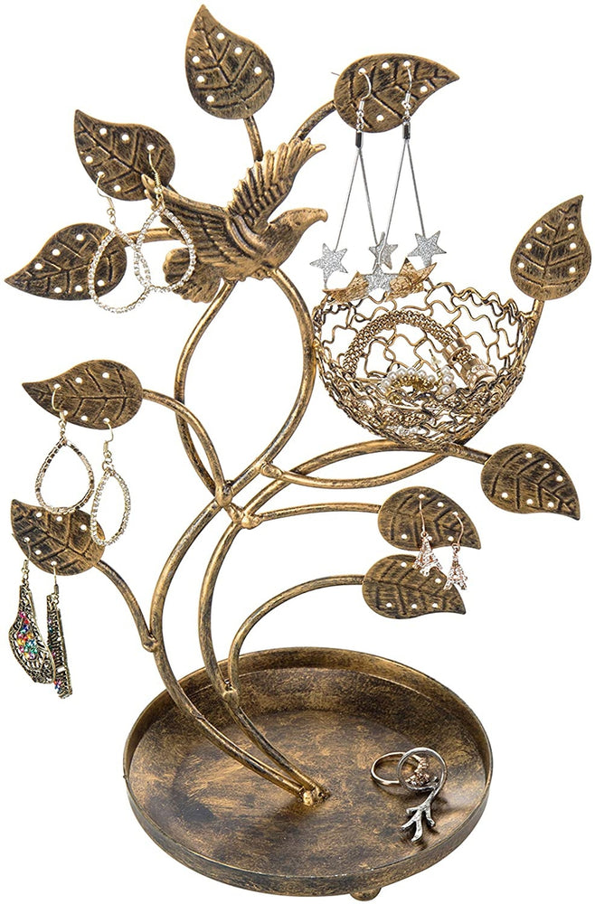 14-Inch Bronze-Tone Tree and Bird Nest Earring Stand, Jewelry Tower with Ring Trinket Organizing Tray-MyGift