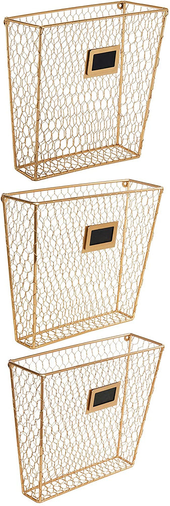 Set of 3 Gold-Tone Metal Wall-Mounted Chicken Wire Magazine & File Folder Baskets-MyGift