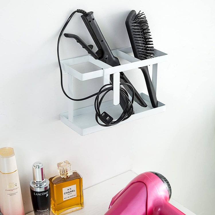 MyGift Metal Wall Mounted or Countertop Hair Accessory Organizer Caddy, Blow Dryer and Flat Iron Holder, White