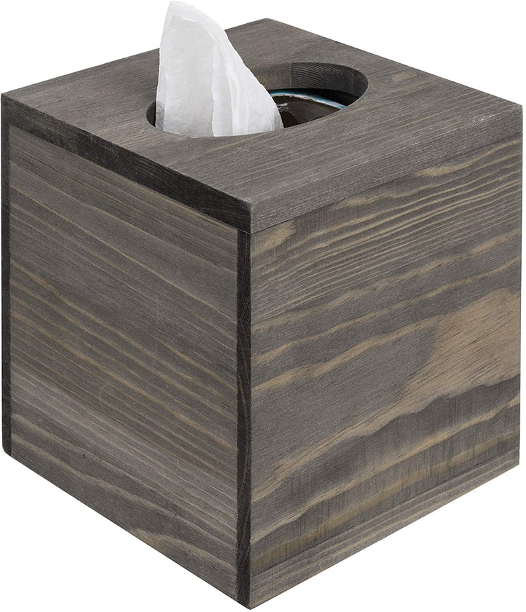 Vintage Gray Wood Square Tissue Box Cover with Slide-Out Bottom Panel-MyGift